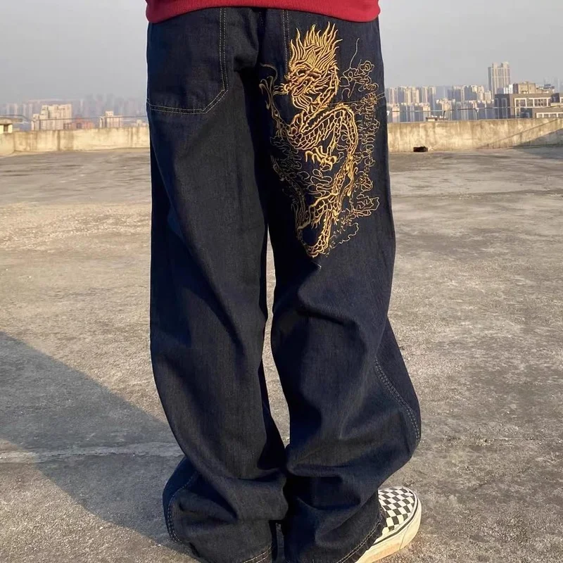 

Retro Street Skateboarding Street Dance Loose Chinese Dragon Embroidered High Waist Jeans Womens Daddy Mopping Jeans Womens 2021