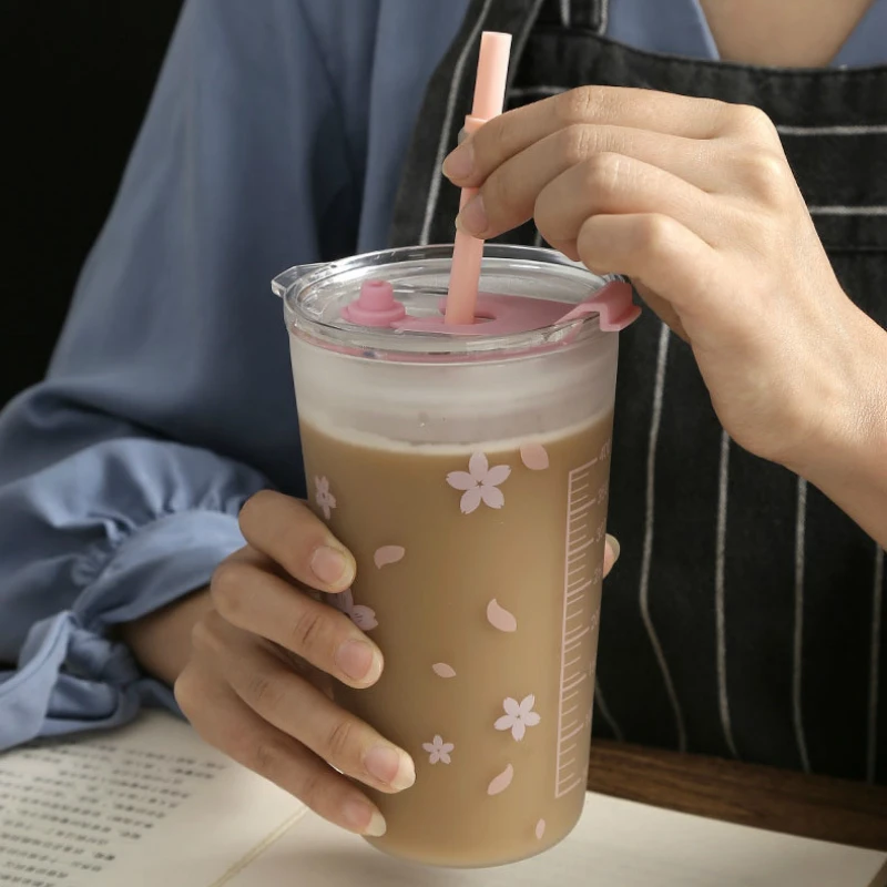 

400ML Creative Straw Glass Mug With Scale Microwave Heating Sealed Lid Cute Milk cups Fashion Cold Drink Mugs