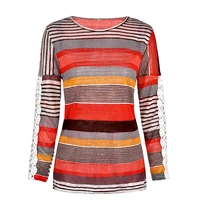 coonis women casual lace spliced long sleeve colorful striped shirt t shirt top