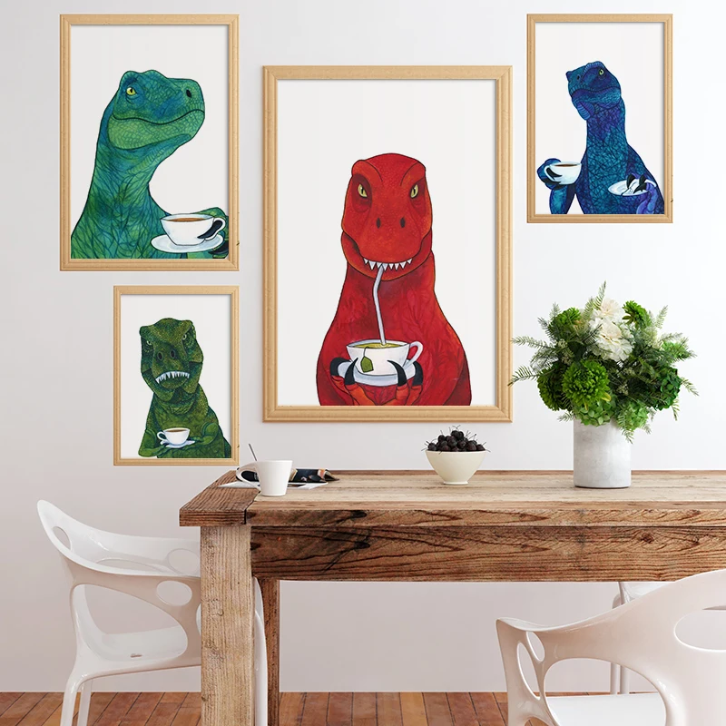 

Canvas Painting Funny Dinosaur Drinking Coffee Art Print Nursery Wall Poster Humorous Animal Picture Kitchen Kid Room Decoration