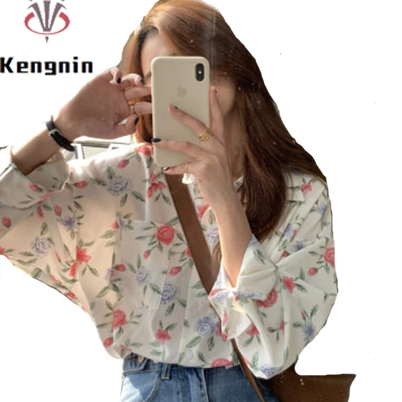 

2021 Summer Women Dress Loose Print Floral Chiffon Ladies Blause Long Sleeve Female Tops Oversized Causal Blouse KE1088
