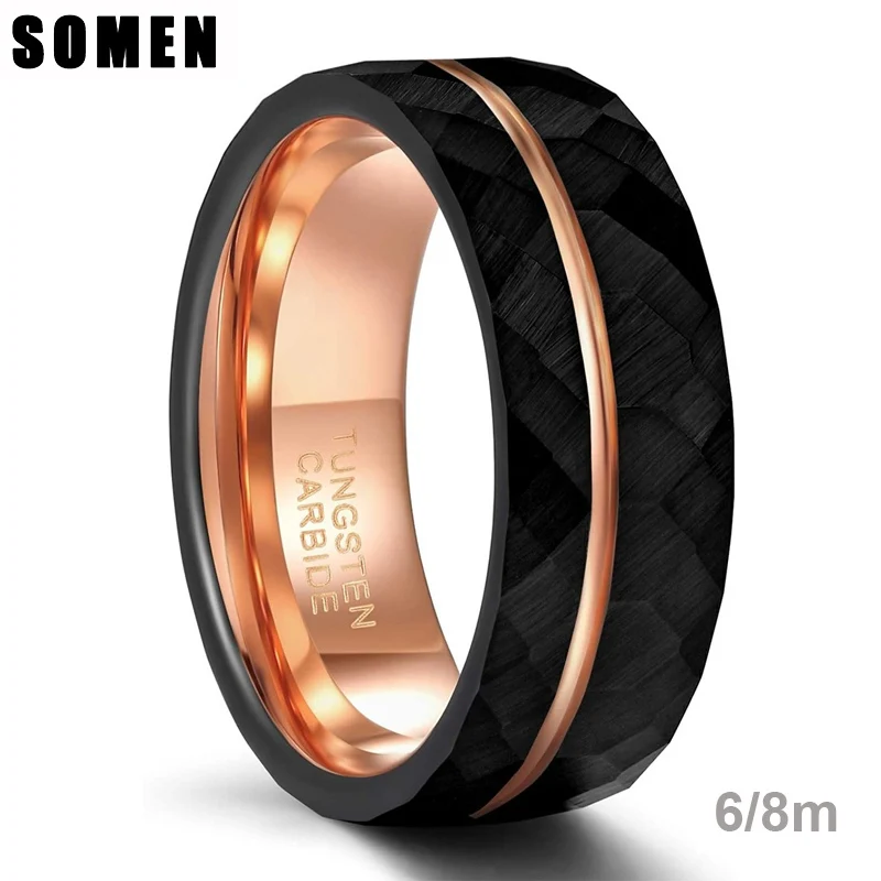

Somen Black Tungsten Rings 6mm 8mm Men Women Thin Rose Gold Groove Hammered Wedding Band Luxury Ring Comfort Fit