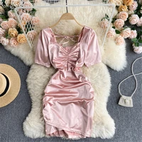 women pink slim pleated dress summer sexy bandage square high waist mini party dresses fashion sweet club gown female clothing