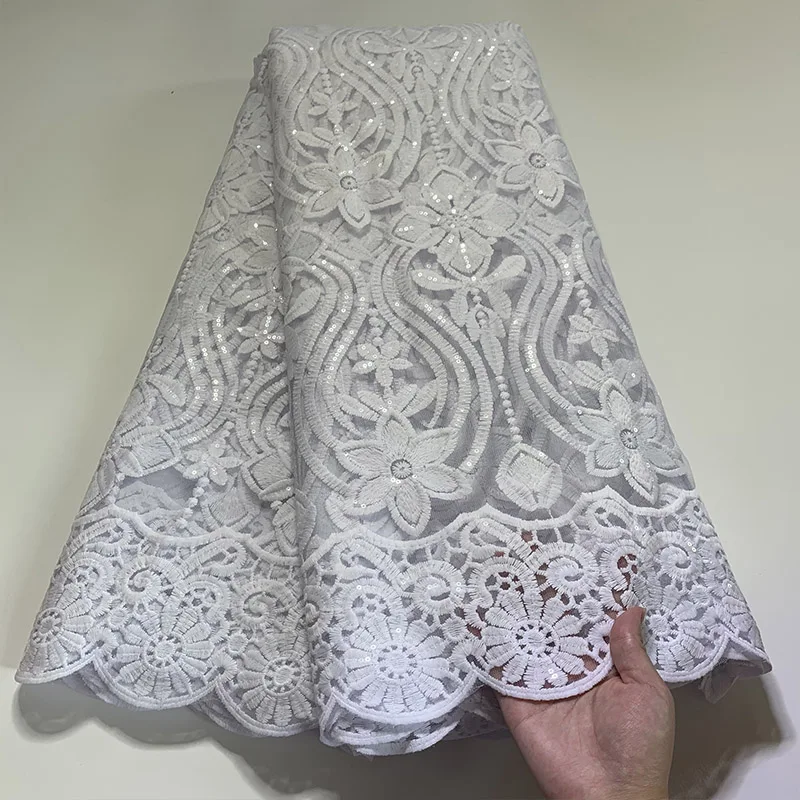 

Pure White Sequins Guipure Lace Fabric African Lace Fabric 2021 High Quality French Net Lace Material 5 Yards For Wedding Dress
