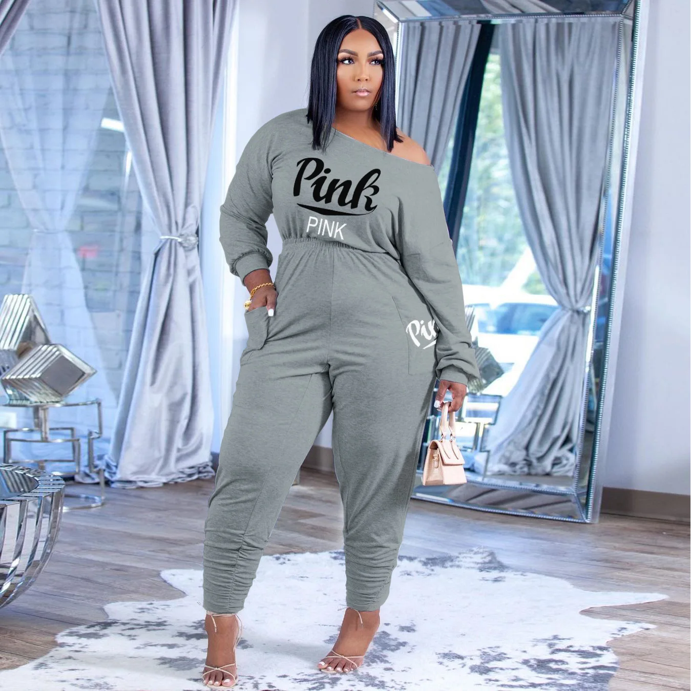 

New Tracksuit For Women Pink Letter Ribbed Knit Two Piece Set Casual 2 Pcs Outfits Long Sleeve Tshirts Pants Suit Matching Set