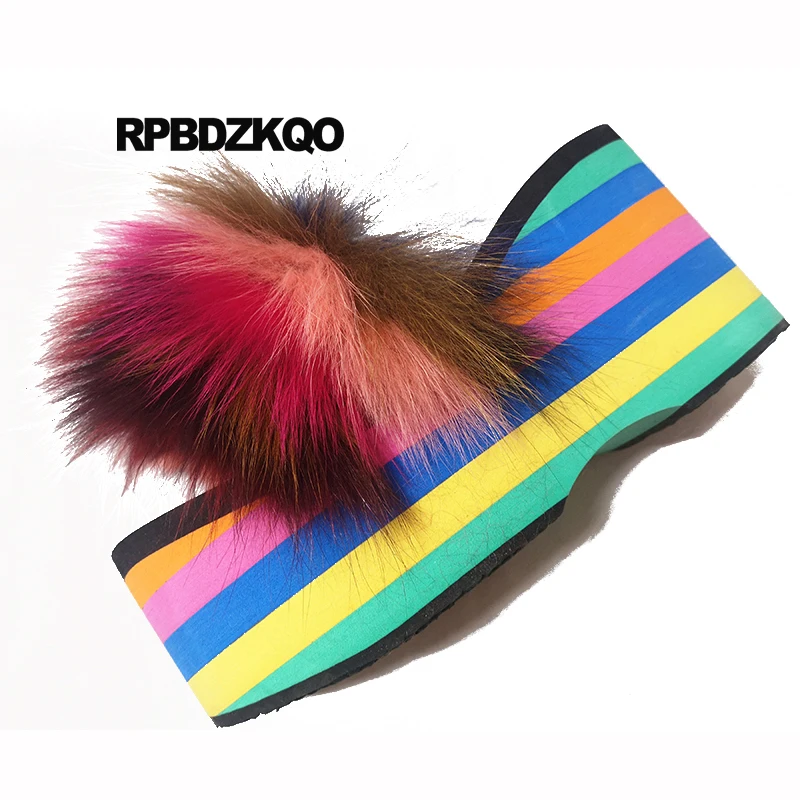 ВПП высокий каблук Flatform радуга открытый носок пушистый насосы с мехом обувь