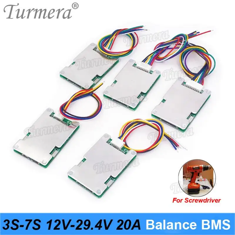 

Turmera 3S 4S 5S 6S 7S 20A BMS 12V 16.8V 21V 25V 29.4V 18650 Li-ion Battery Protected Board with Balance for Screwdriver Battery