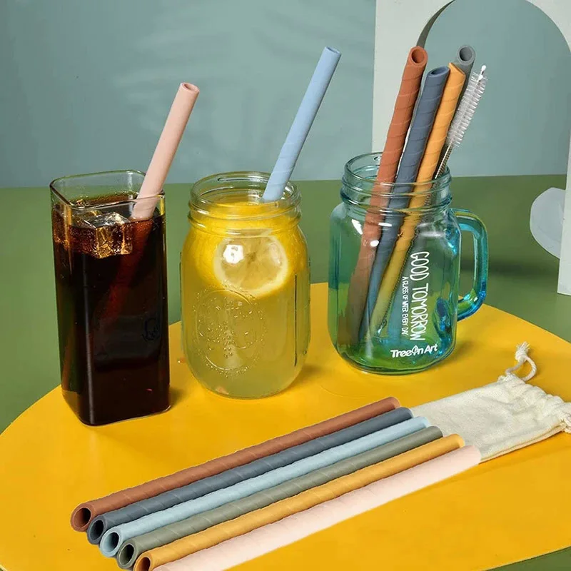 

HOONRA 6Pcs Silicone Spiral Straw Reusable Silicone Drinking Straw Flexible Straw With Cleaning Brushes Party Bar Accessories