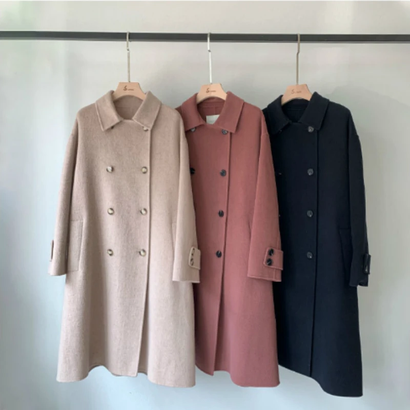 

Winter 2020 New High End Handmade Double Faced 100% Wool Coat Women's Long Classic Lapel Loose Plus Size Woolen Overcoat