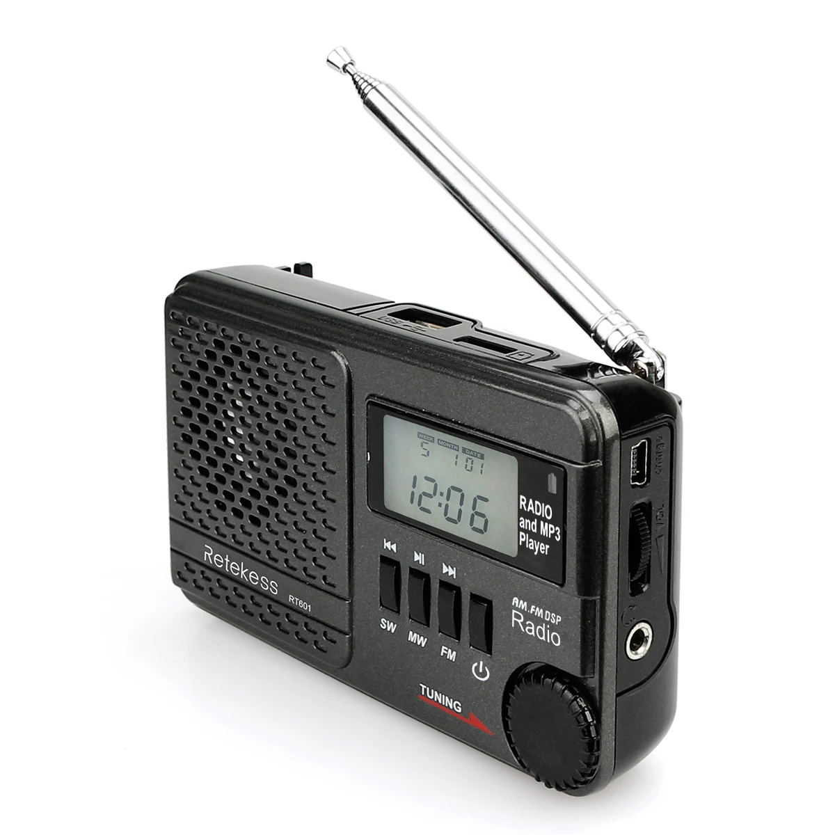 Retekess TR601 FM/AM/SW карманный радиоприемник цифровые часы DSP MP3 плеер выбор шага 9K/10K
