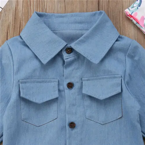 

3Pcs Toddler Kids Baby Girls Denim Long sleeve Shirt Tops Floral Long Pants Headband Outfits Set Clothes