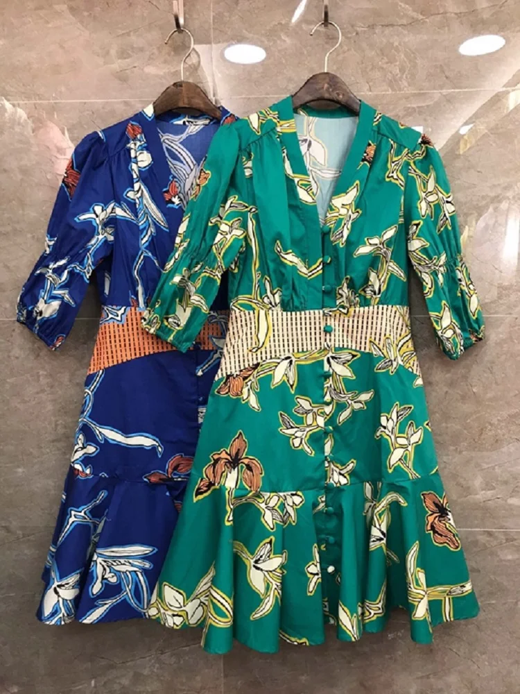 

100%Cotton Dress 2020 Spring Summer Style Women V-Neck Charming Floral Print Half Sleeve Tunic Buttons Blue Green Dress A-Line