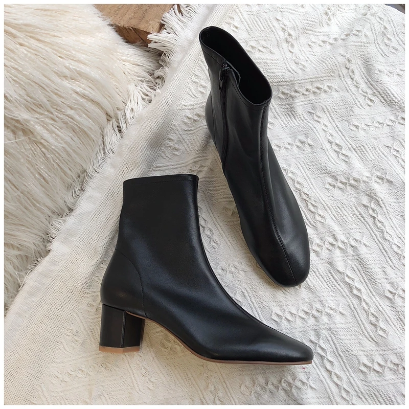 

free shipping 2019 New Women Lady Sexy Black Leather Short boots round toe chunky high heels shoes pumps short tube Ankle boots