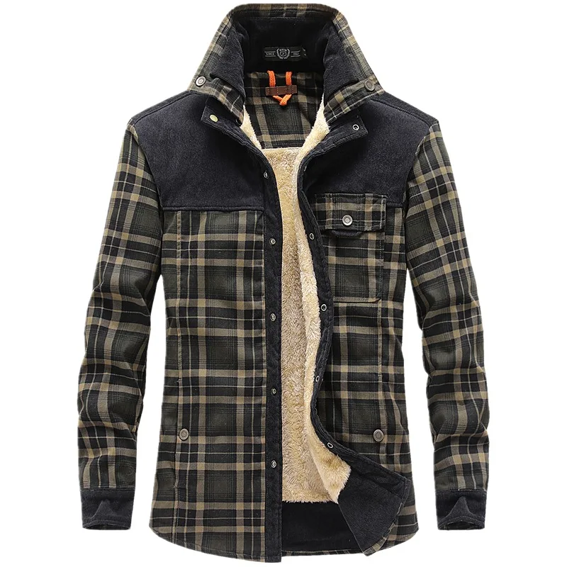 

2021 Men's Warm Shirt Jacket Thick Winter Fleece Plaid Jacket Pure Cotton Camisa Masculina Military Style Chemise Homme Coats