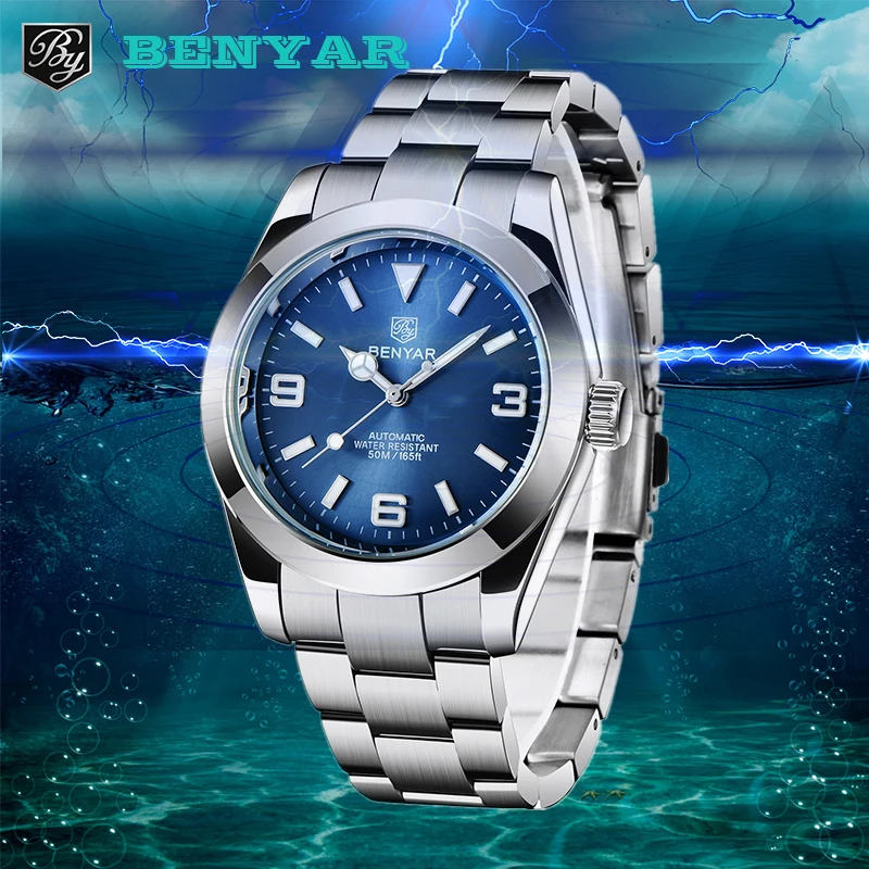 BENYAR  New Sport Men Watch Stainless Steel Mechanical wristwatches Waterproof 50M Business Automatic Watch Men reloj hombre