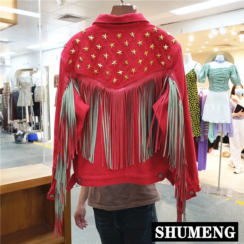 Новинка 2020 европейская промышленная джинсовая куртка с кисточками и звездами