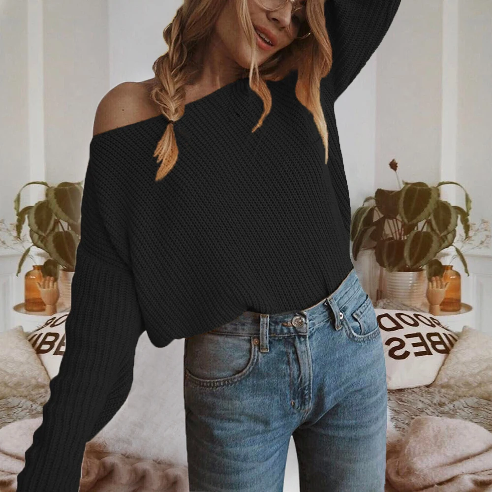 Womens Fashion Sexy Off Shoulder Knitted Sweaters Ladies Solid Color Long Sleeve Warm Slim Fit Casual Pullovers 2019 New | Женская