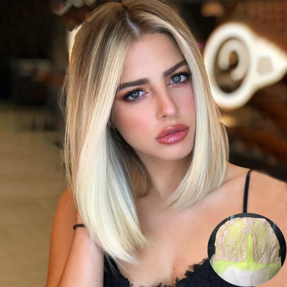 

613 Ombre Blonde Short Cut Bob Middle Part Lace Front Wig for Black Women Babyhair Preplucked Heat Resistant Synthetic Straight