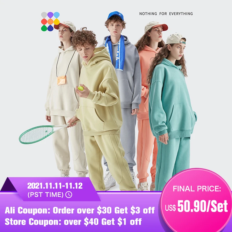 

Candy Color Couple Tracksuit Winter Thick Velvet Tracksuit For Women Men Solid Color Sweatpant Set Unisex Jogging Suit