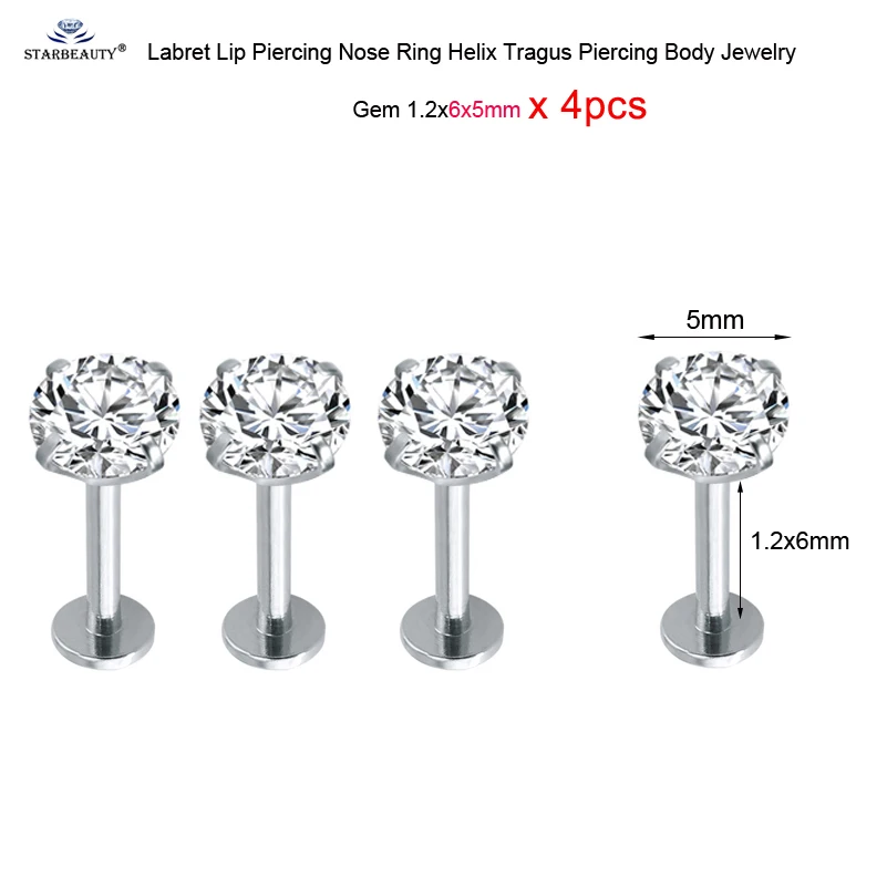 Gem 1.2x6x5mm 4 шт. 16G 6/8/10 мм с украшением в виде кристаллов Лабрет пирсинг для пупка губ нос кольцо ноздрей, пирсинг ореха спирали пирсинг уха носа из нержавеющей стали, серьги - Окраска металла: Gem 1.2x6x5mm