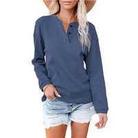 autumn long sleeve sweatshirt women casual solid v neck button pullover top female basic loose tee shirt 2021 new streetwear