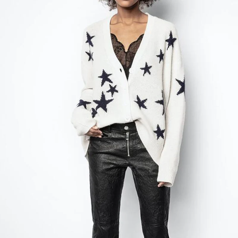 

100% кашемировый жаккардовый свитер со звездами, Женский трикотажный джемпер с круглым вырезом и длинным рукавом, весна 2021