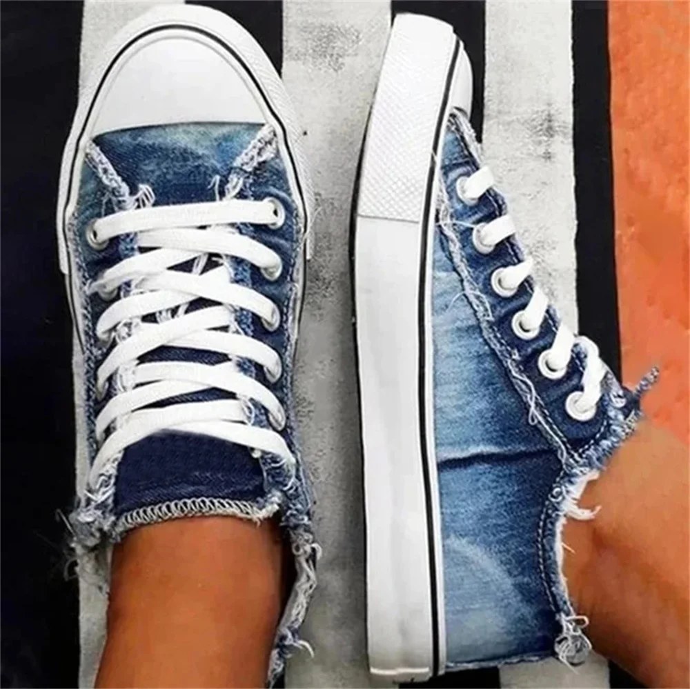 

Women Canvas Shoes Spring Autumn New Denim Fabric Lace Up Ladies Flats Home Outdoor Female Comfortable Trendy Sneakers 43 Size