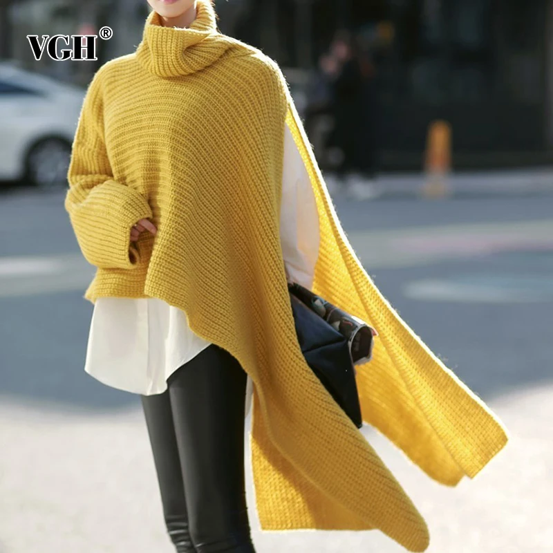 

VGH Asymmetrical Sweater For Women Turtleneck Batwing Long Sleeve Split Casual Loose Sweaters Female Fashion Clothing 2020 Style