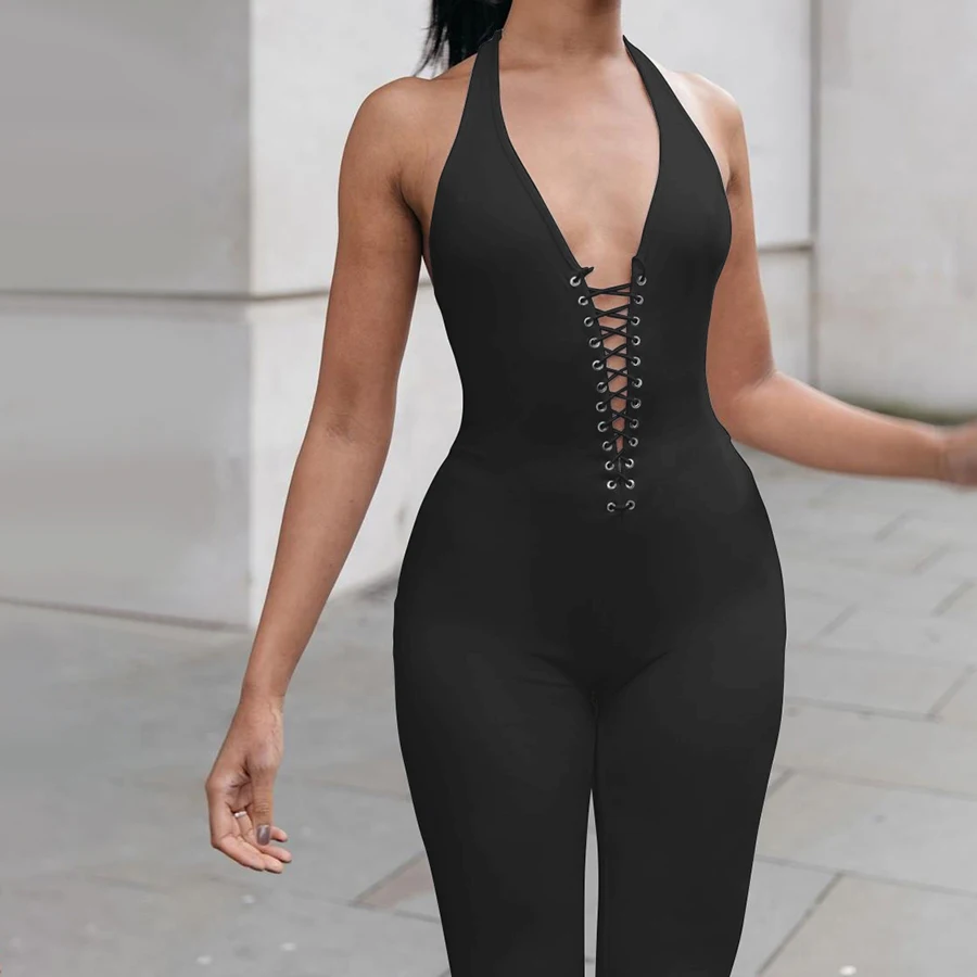 

bandage hollow out halter women jumpsuit summer 2021 fashion elastic hight backless sexy female outfit sleeveless clothes