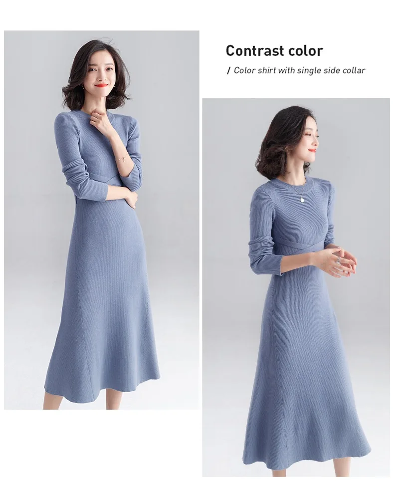 INNASOFAN knitted dress women Autumn Winter long-sleeved dress Euro-American fashion chic dress solid color