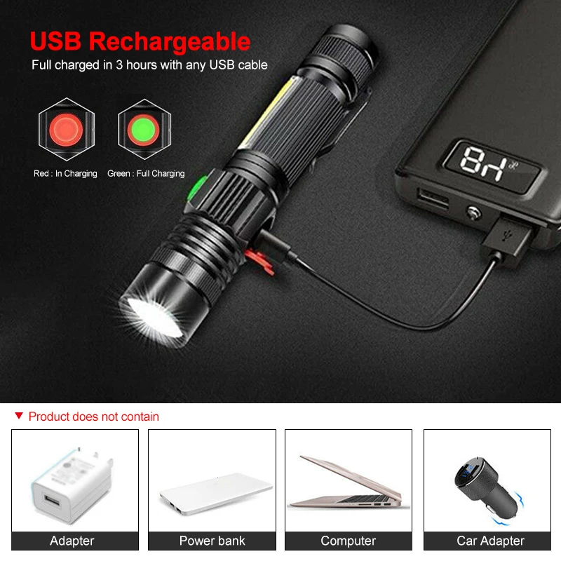 저렴한 10PCS XML-T6 LED 4 모드 COD 사이드 라이트와 Zoomable 자기 손전등 USB 충전 작업 빛 토치 랜 턴 18650 배터리