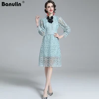 banulin women elegant hollow out lace dress office lady spring solid o neck bow deco midi dress female chic lantern sleeve dress