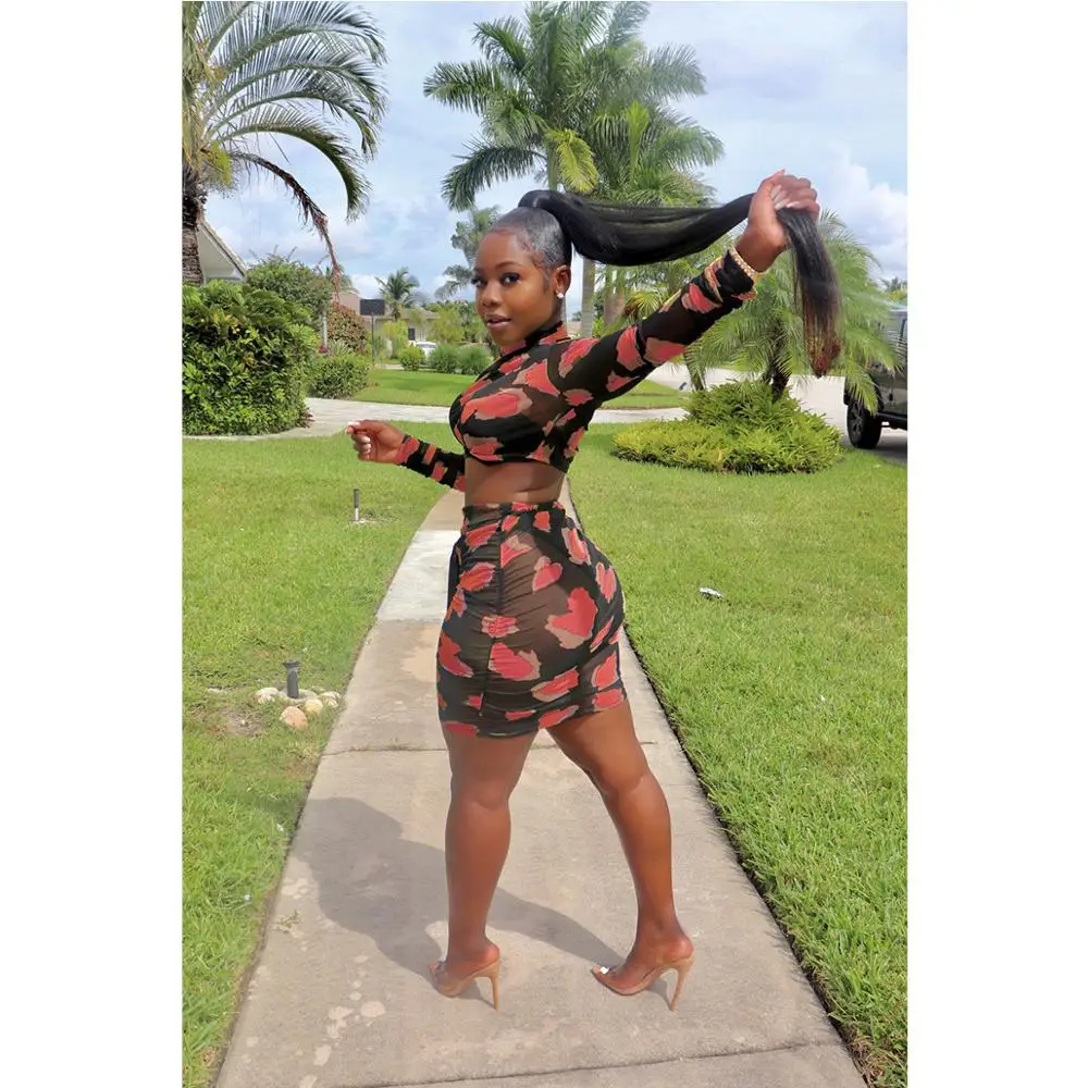 

New Print Hollow out Sexy Beach Fashion Full Sleeve Bandage Midi Skirts Elastic Holiday Women 2 Pieces Sets