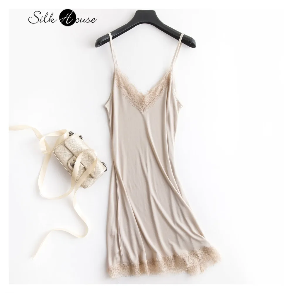 

Spring and summer mulberry silk loose V-neck lace silk suspender nightdress sexy pajamas silk bottoming petticoat