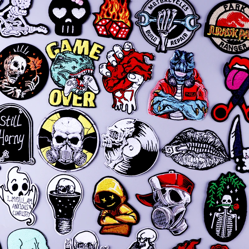 

Dinosaur Patches For Clothing Hippie Rock Embroideried Patches Punk Skull Iron On Patches On Clothes Embroidery Patch Stripes