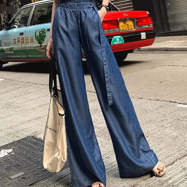 2020 летние женские туфли синего цвета джинсы Тенсел высокая талия широкие брюки