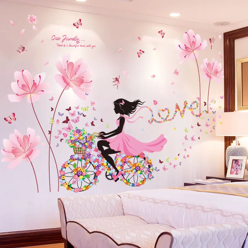 

[SHIJUEHEZI] Pink Flowers Plant Wall Stickers DIY Fairy Girl Wall Decals for Living Room Kids Bedroom Kitchen Home Decoration