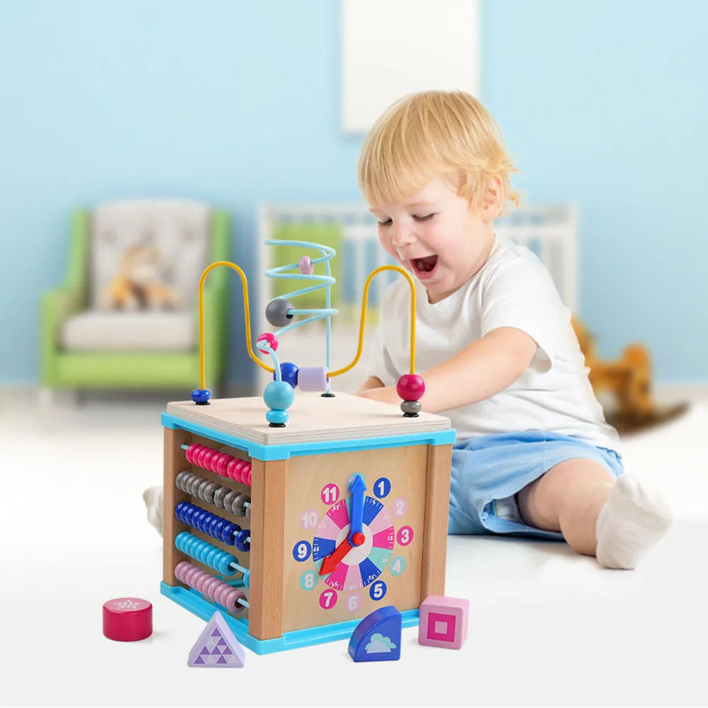 6 in 1 Wood Bead Maze Activity Cube Natural & Non-toxic Center Box Early Learning Educational toys for Children |