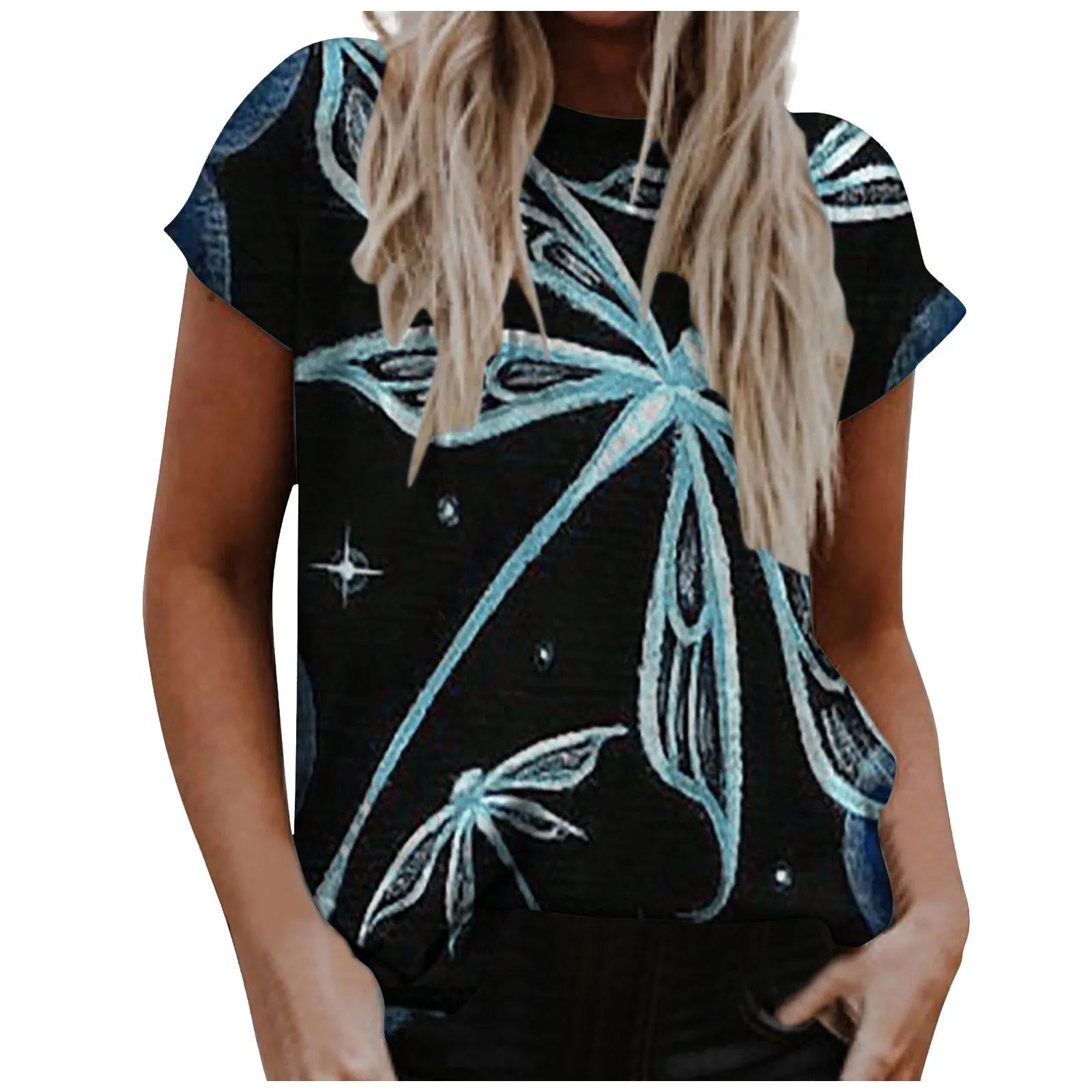 

Summer Female Loose Dargonfly Print Causal Tops Short Sleeve