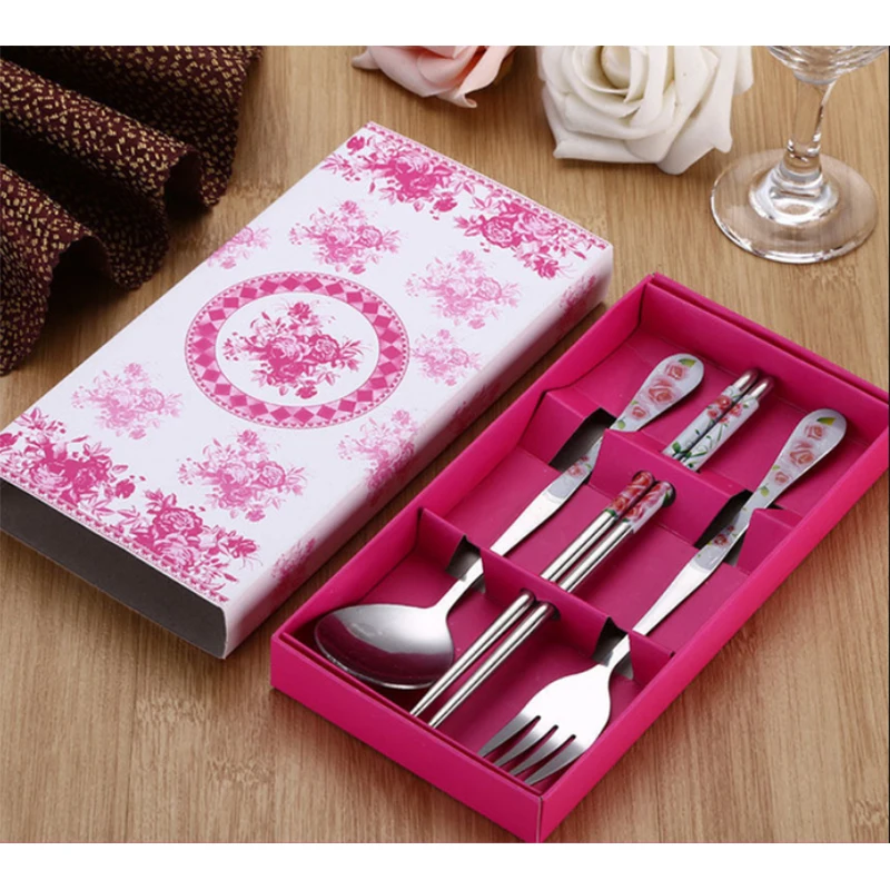 Сине-белый китайский набор из трех палочек нержавеющей стали ложка и вилка