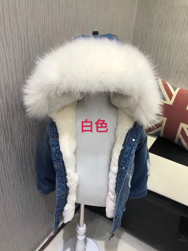 Blue top white fur Джинсы для маленьких девочек зимняя розовая Меховая куртка с натуральным кроличьим мехом для малышей Детские Длинные парки синие джинсы со съемным мехом и большим меховым воротником для мальчиков - Цвет: Blue top white fur