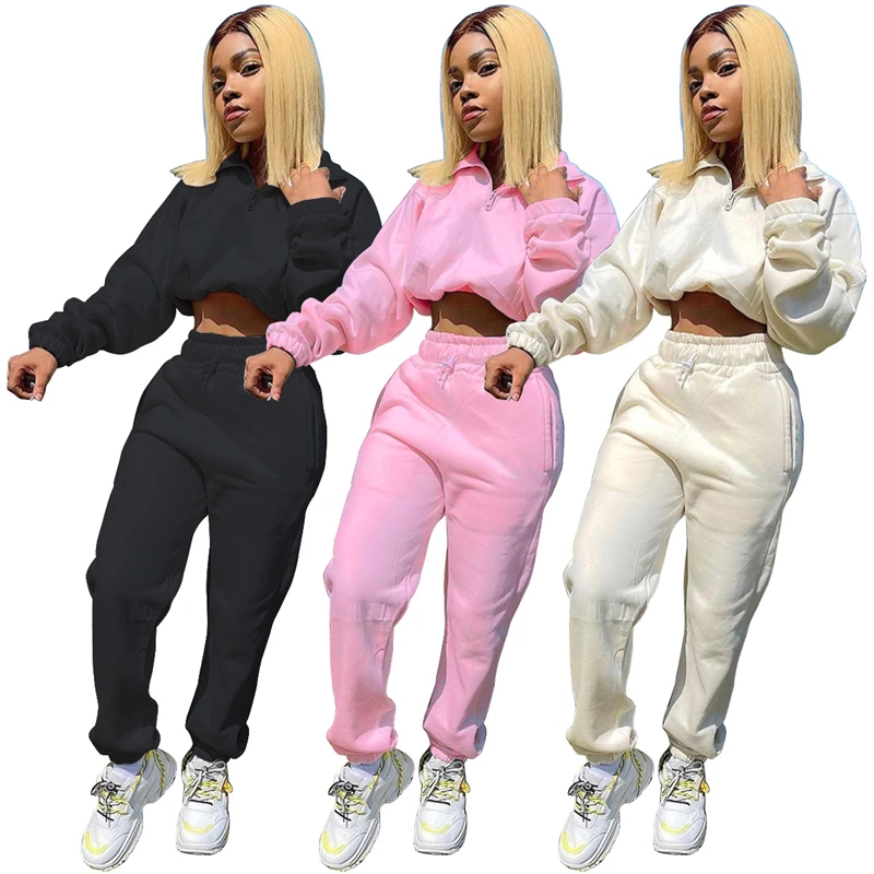 

Warm Tracksuit Women Two Piece Set Autumn Clothes Zipper Up Pullover Sweatshirt Crop Top and Long Pants Suit Casual Women's Sets