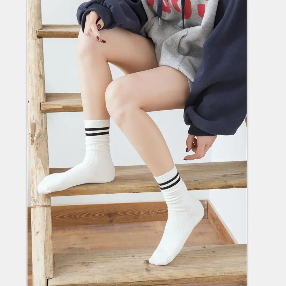 Girls Solid Cotton Crew Socks Striped Cuff Women Ribbed Knitted Sport Sock Warm Winter Socks Ankle Socks Short Socks 8 pairs/lot