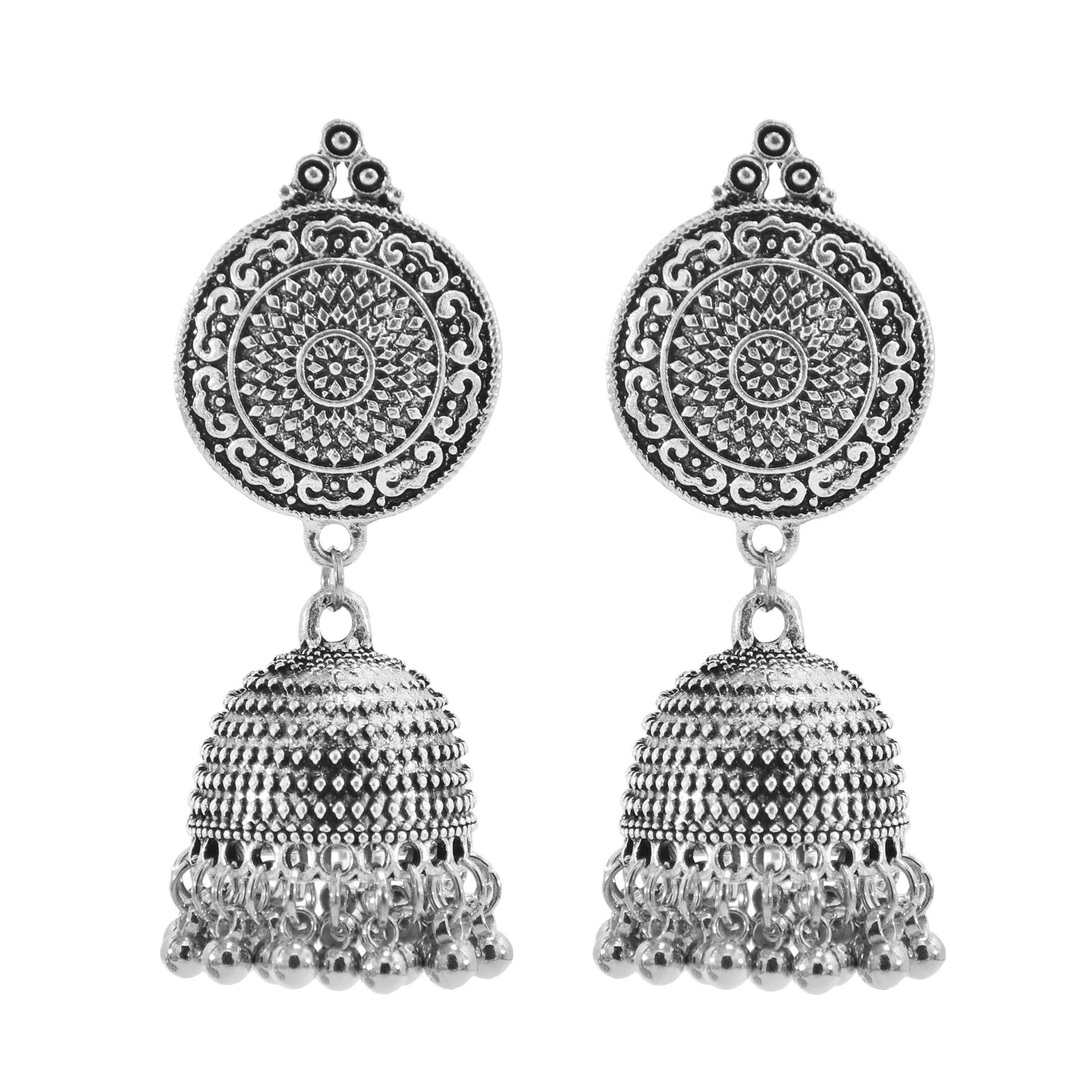 

New Indian Bohemian Gold And Silver Metal Bell Earrings Retro Turkish Tassel Gift Earrings Fashion Pendant Carved Jewelry
