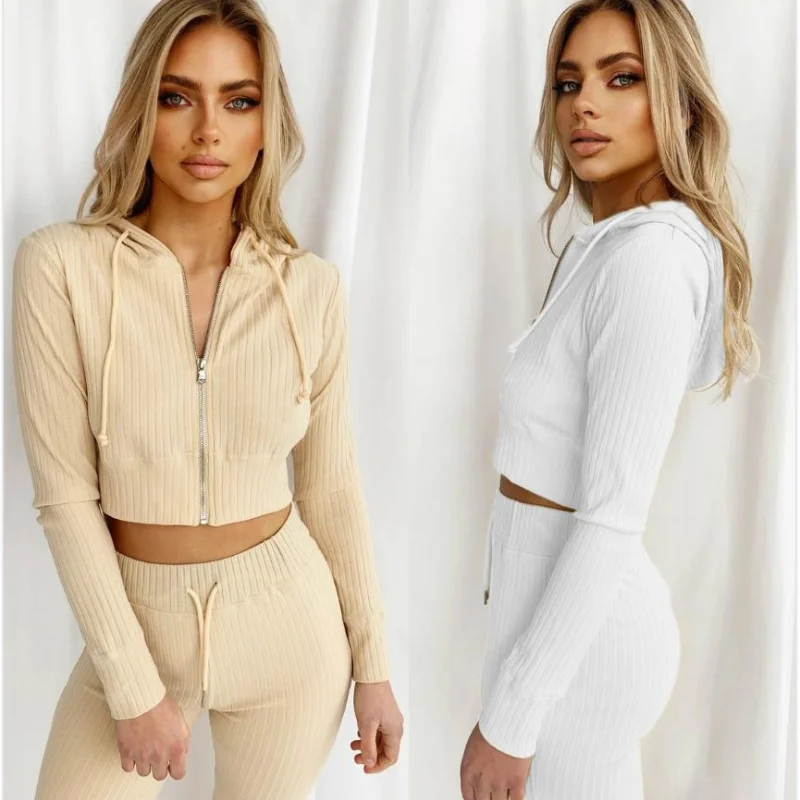 

autumn Women's Casual Suit 2021 Fashion Hoodie Long Sleeve Zipple Short Tops Soild Color Simple Stylish Slim Fit Sports Suits