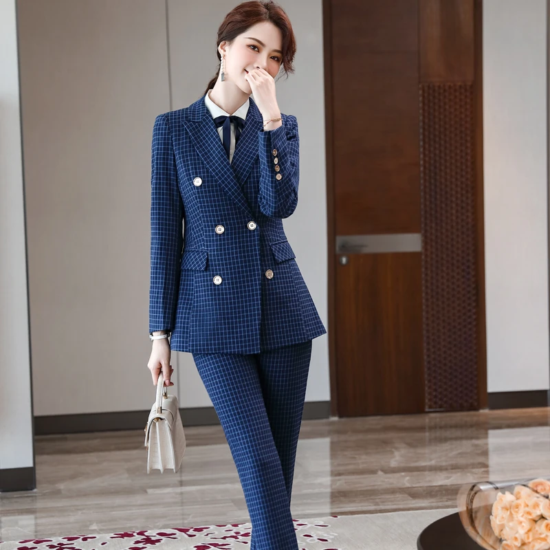 Женский офисный элегантный клетчатый костюм дизайнерские брючные костюмы