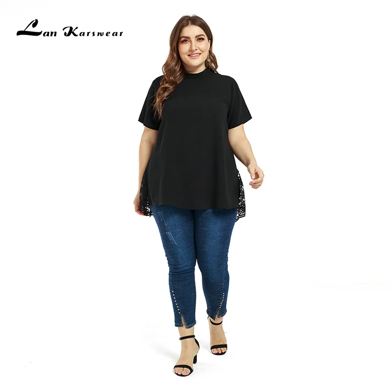 Женская футболка кружевная блузка большого размера свободные топы с круглым
