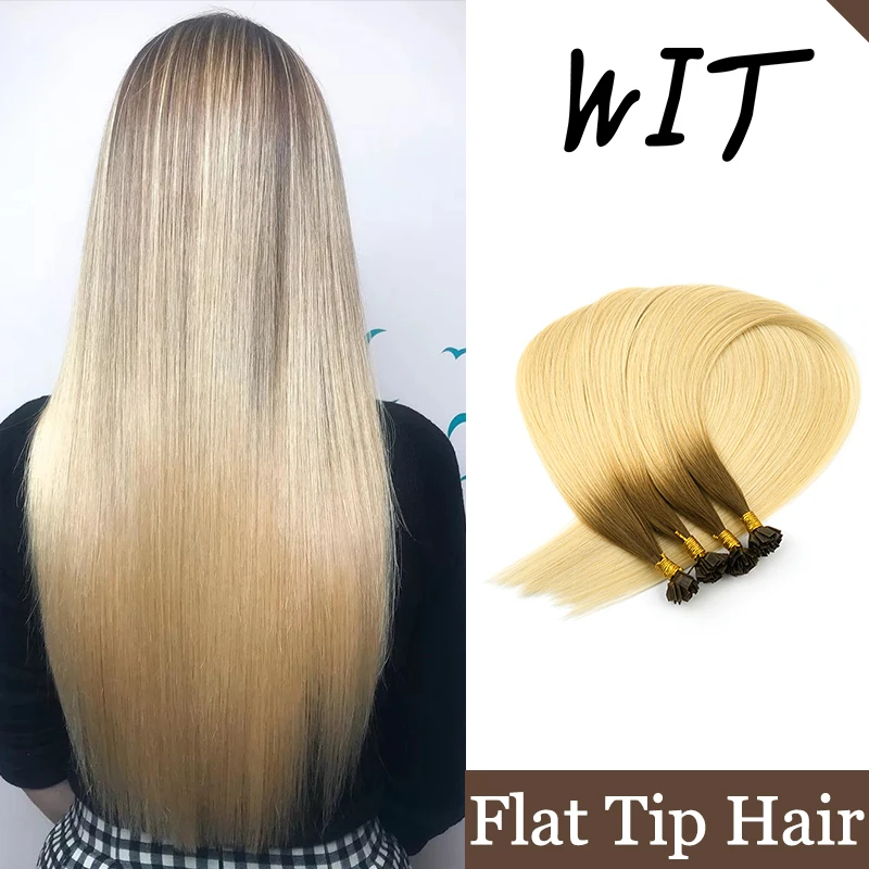 

WIT Flat tip Hair extensions 24 inch Remy Human Pre-bonded Hair 1g/s Brazilian Natural Hair Nail tips Keratin Fusion 13 Color