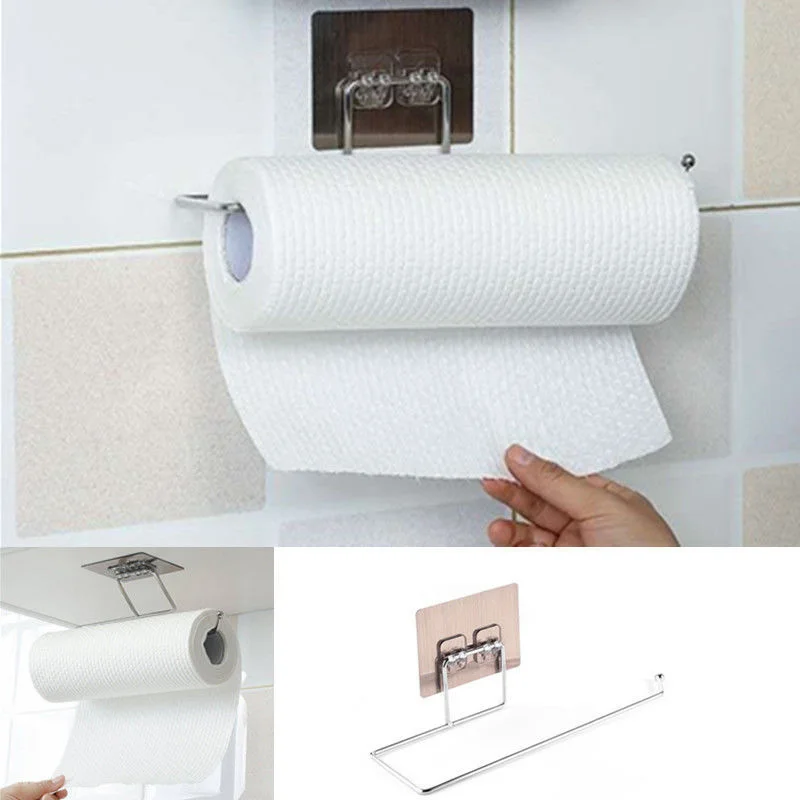 

Self-adhesive Towel Holder Rack Kitchen Under Cabinet Towel Cup Paper Hanger Rack Organizer Bathroom Towel Bar Shelf Roll Holder