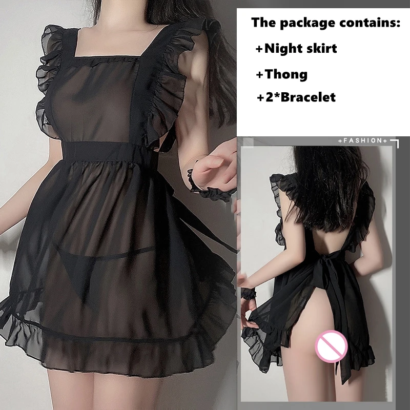 

Plus Size Sexy Maid Cosplay Costume See-through Suspenders Lace-up Halter Slit Nightdress Kawaii Babydoll Women Erotic Lingerie